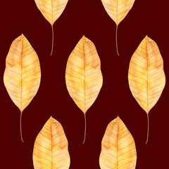 Muster aus Walnussblättern auf weinrotem Hintergrund.. Aquarell-Herbstblätter sind von Hand gezeichnet. Geeignet für Druck- und Schreibwaren, Textilien, Tapeten