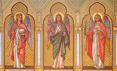 VIENNA, AUSTIRA - JUNI 17, 2021: The painting  fresco  Jesus meets the women of Jerusalem as part...