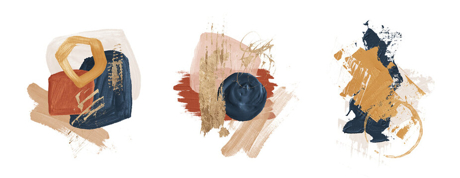 Oil texture. Acrylic paint. Textured arrangements. Terracotta orange yellow brown blush navy blue gold illustration elements. Background. Abstract modern print set. Wall art. Poster. Business card.