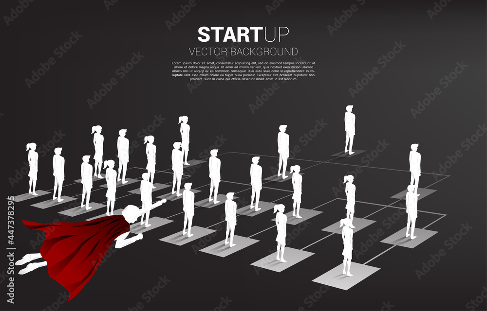Poster silhouette of superhero fly over businessman standing on organization chart . business concept of co