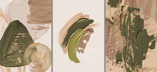Oil texture. Acrylic paint. Textured arrangements. Green khaki olive brown beige blush pink gold illustration elements. Background. Abstract modern print set. Logo. Wall art. Poster. Business card.
