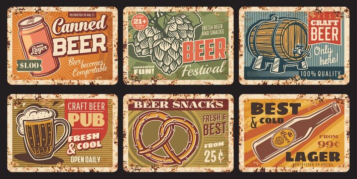 Beer and snacks rusty metal plates, vector vintage rust tin signs with craft beer mug, bottle, can and barrel, hop plant or pretzel. Retro posters for pub or bar, ferruginous advertising cards set