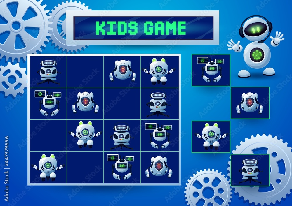 Poster Sudoku kids game with robots, pinions and gears. Education game, logic block puzzle or riddle, vector memory maze or test with cartoon robots and droids, artificial intelligence bots, androids