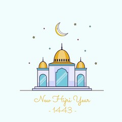 Vector illustration of happy new Hijri year 1443 with single line style. Happy Islamic New Year. Graphic design for the decoration of gift certificates, banners and flyer.