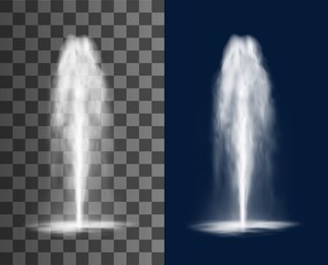 Vertical fountain with cascade of water jets and splashes, vector isolated realistic 3d on transparent background. Waterfall stream spray of fountain water jets or geyser and aqua spring eruption - obrazy, fototapety, plakaty