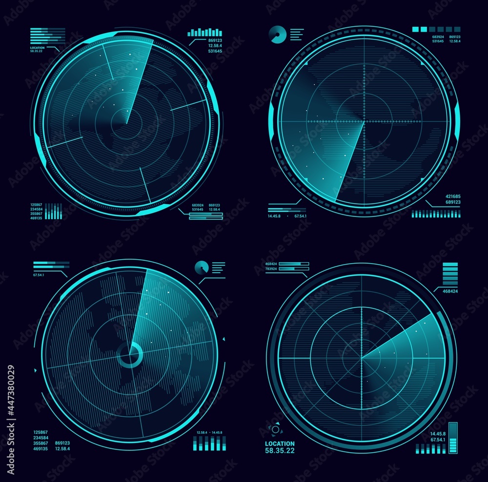 Poster hud military radar or sonar blue neon display. army radar interface, satellite navigation technology