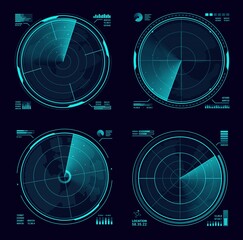 HUD military radar or sonar blue neon display. Army radar interface, satellite navigation technology vector screens or military weapon system, modern radar scanning territory, searching for targets - obrazy, fototapety, plakaty