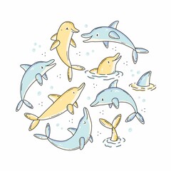 Set of doodle with cute characters dolphins in the shape of a circle. Vector illustration in pastel colors.