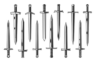 European knight medieval swords, heraldry. Vector weapon of medieval warriors set with straight sword, dagger, knife and broadsword, knightley arming weapon with double edged blades and ornate hilts