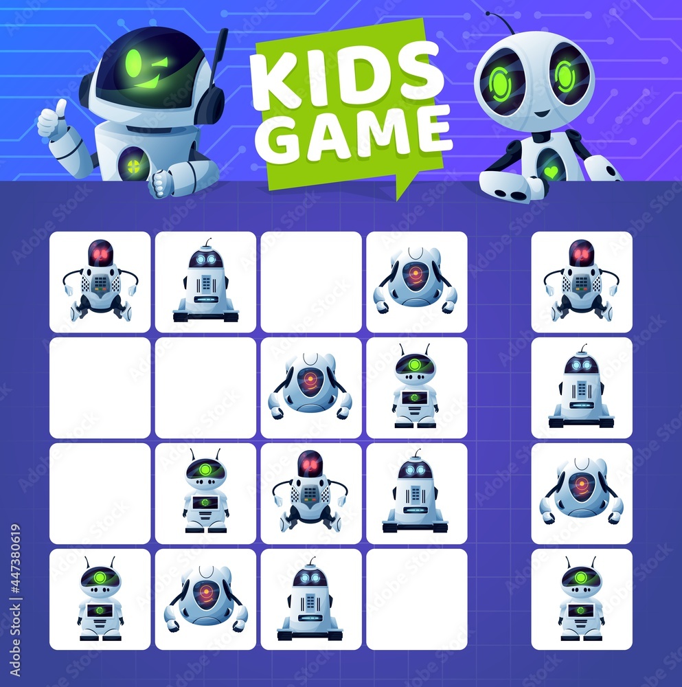 Poster Sudoku game with cartoon robots and droids. Vector kids education block puzzle game, logic riddle or maze on circuit board background with modern white robots, artificial intelligence robots, androids