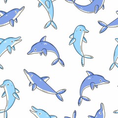 Seamless pattern with cute dolphins in cartoon doodle style. Vector illustration background.