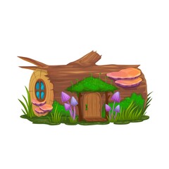Cartoon stump house dwelling of gnome, wizard or elf, vector dwarf home. Fairy tale elf or leprechaun house with mushroom in forest tree stump, fairytale dwarf or gnome fantasy hut cabin - obrazy, fototapety, plakaty