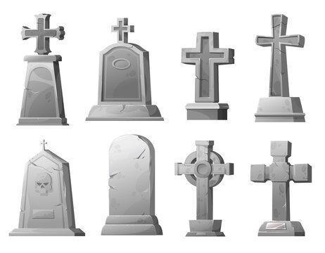 Cartoon stone grave crosses and gravestones, vector cemetery cracked graveyard tombstones. Ancient mausoleum tomb with skull, funereal architecture design elements set isolated on white background
