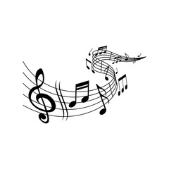 Music melody wave on notes staff with clef treble, vector. Classic music concert, orchestra, symphonic or philharmonic musical notes wave on scale stave or music staff background