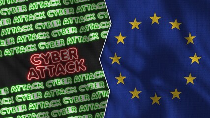 European Union Realistic Flag with Cyber Attack Titles Illustration