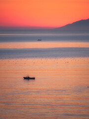 Hokkaido,Japan - June 22, 2021: Beautiful sky of Nemuro strait and Kunashiri island at dawn
