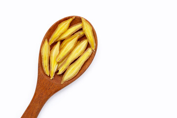 fFinger root in wooden spoon on a white background.