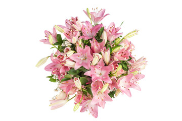 BOUQUET OF PINK LILIES ISOLATED ON WHITE BACKGROUND. FLOWER GIFTS AND FLORIST SHOP CONCEPT. TOP VIEW.