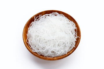 Vermicelli in wooden bowl on white background.