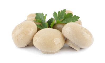 Delicious marinated mushrooms with parsley isolated on white