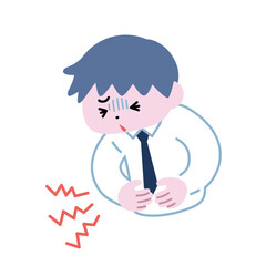 腹痛で苦しそうにお腹を押さえているスーツの男性