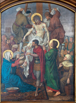 VIENNA, AUSTIRA - JUNI 17, 2021: The painting of Deposition of the cross as part of Cross way stations in church Marienkirche by redemptorist Maximilian Schmalzl from end of 19. cent.