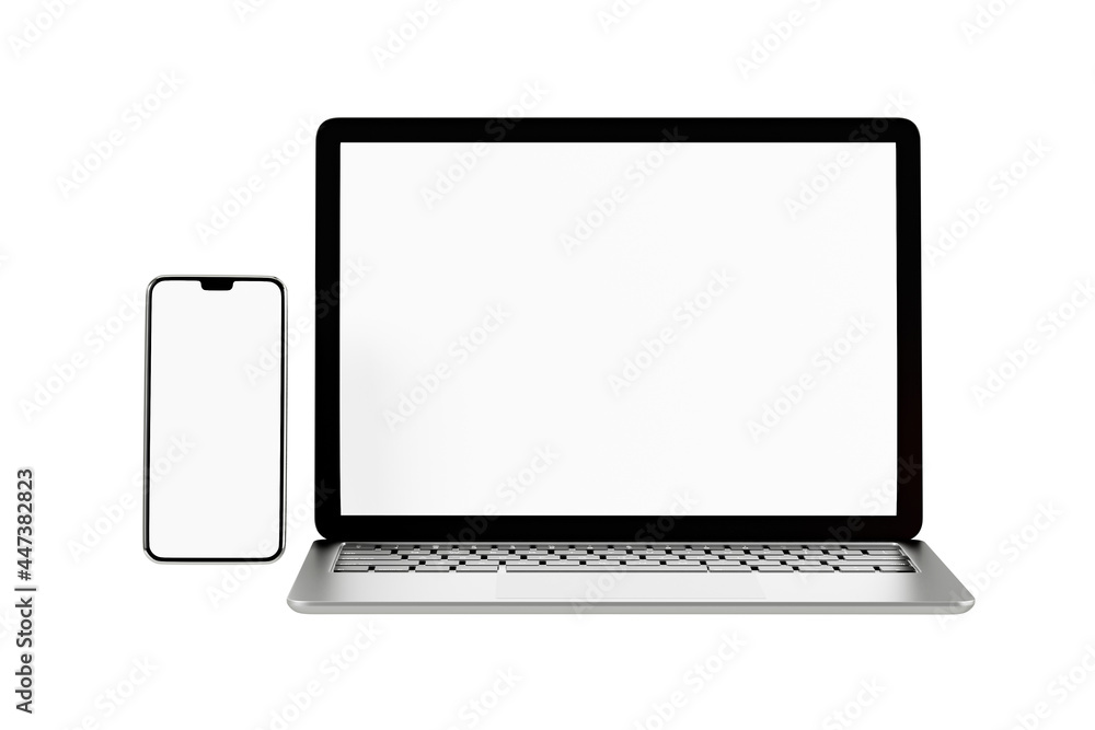 Poster 3d illustration rendering object. laptop computer silver and black color with smartphone mobile blan