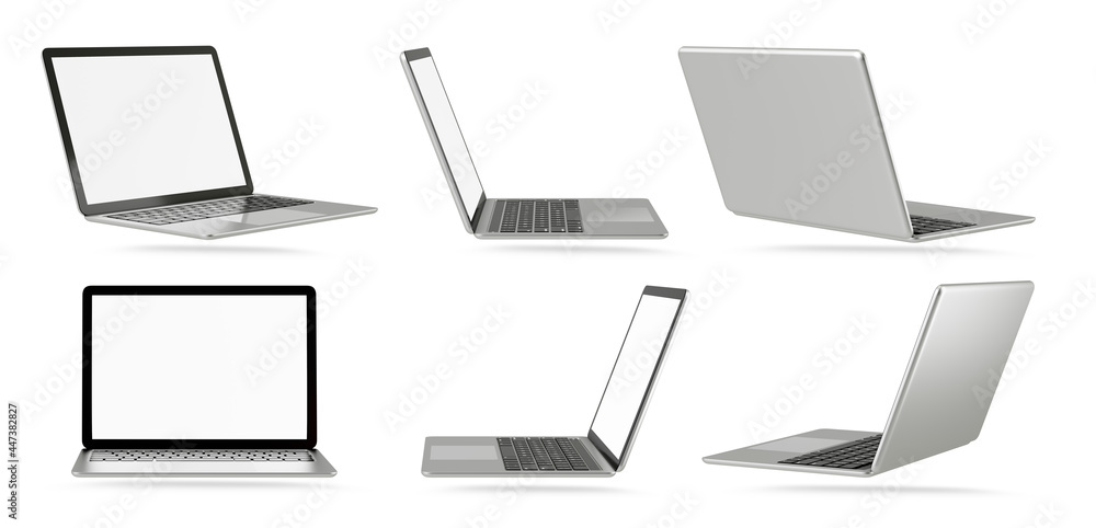 Poster 3d illustration rendering object. laptop computer silver and black color with blank screen isolated 
