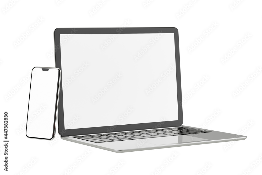 Poster 3d illustration rendering object. laptop computer silver and black color with smartphone mobile blan