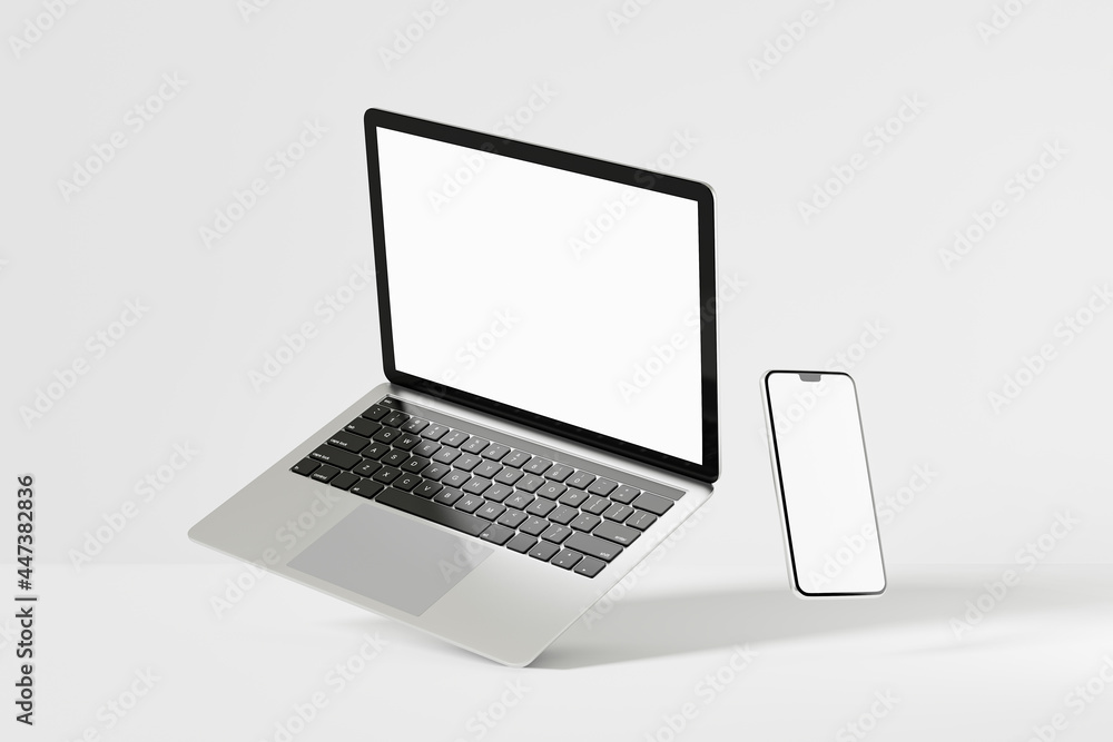 Poster 3d illustration rendering object. laptop computer silver and black color with smartphone mobile blan