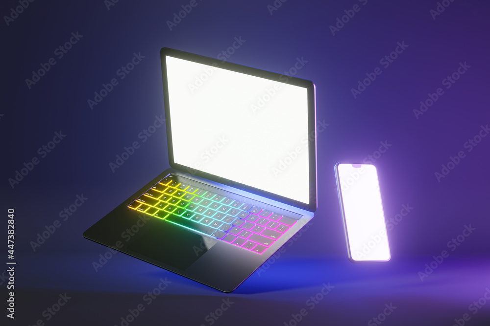 Poster 3d illustration rendering object. laptop computer silver and black color with smartphone mobile blan