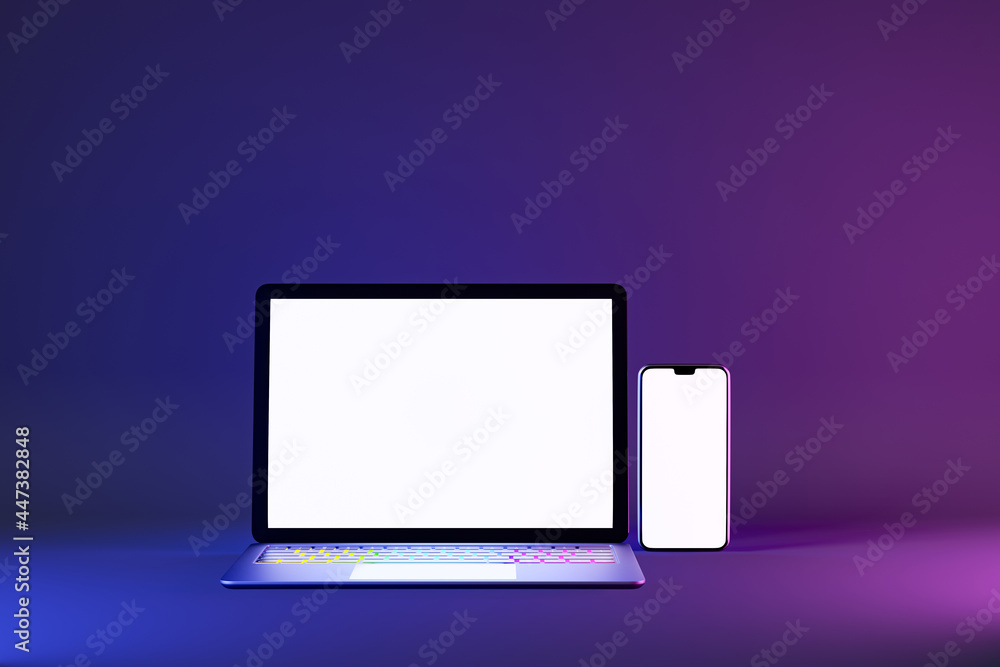 Poster 3d illustration rendering object. laptop computer silver and black color with smartphone mobile blan