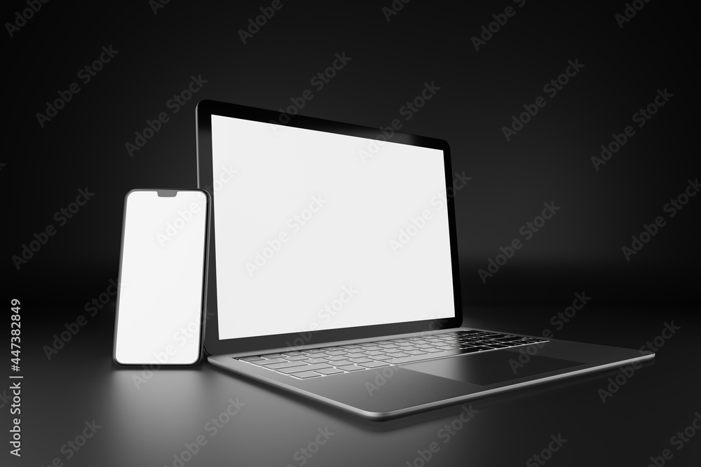 Poster 3d illustration rendering object. laptop computer silver and black color with smartphone mobile blan