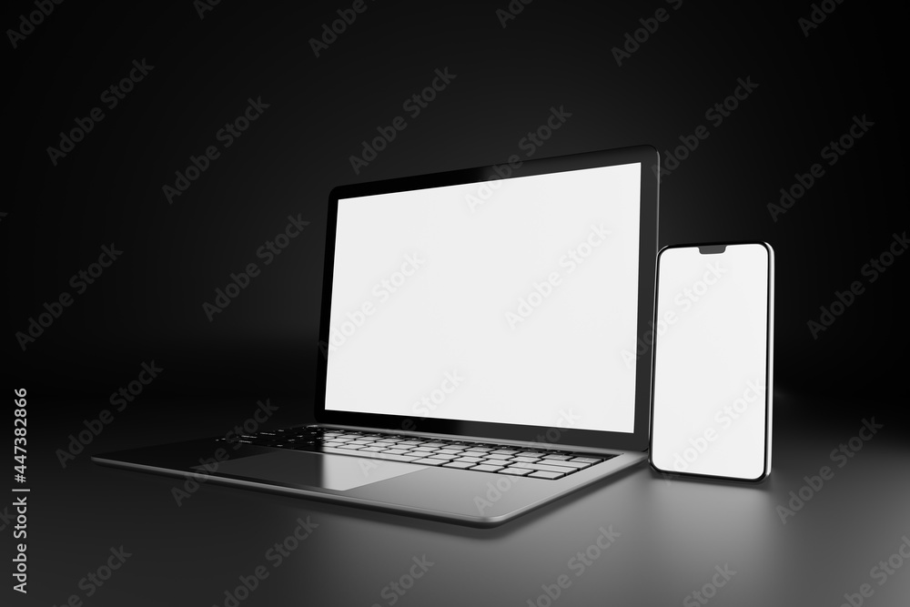 Poster 3d illustration rendering object. laptop computer silver and black color with smartphone mobile blan