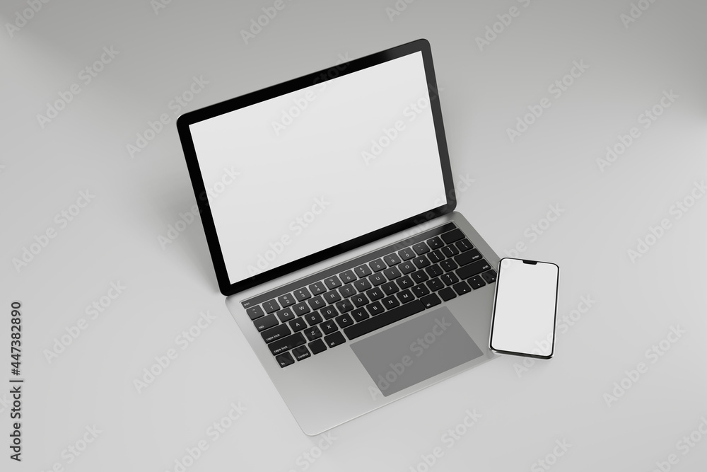 Poster 3d illustration rendering object. laptop computer silver and black color with smartphone mobile blan