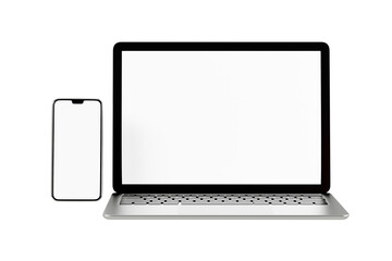 3D illustration rendering object. Laptop computer silver and black color with smartphone mobile blank screen isolated white background. Clipping path image.