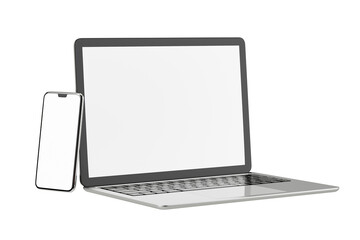 3D illustration rendering object. Laptop computer silver and black color with smartphone mobile blank screen isolated white background. Clipping path image.