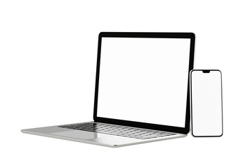 3D illustration rendering object. Laptop computer silver and black color with smartphone mobile blank screen isolated white background. Clipping path image.