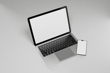 3D illustration rendering object. Laptop computer silver and black color with smartphone mobile blank screen.