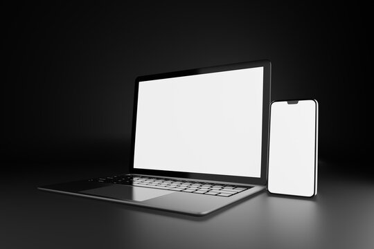 3D illustration rendering object. Laptop computer silver and black color with smartphone mobile blank screen in dark theme
