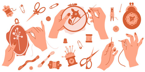 Set of tools for hobby, embroidery needlework, beautiful female hands sew, hold a hoop, thread a needle, handmade wallet, spools, floss, scissors, set for creativity and leisure, flat vector graphics © Катерина Якубович