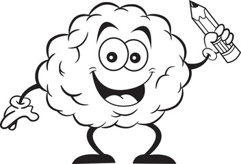 Black and white illustration of a brain smiling while holding a pencil.