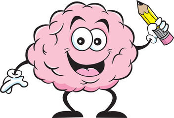 Cartoon illustration of a brain smiling while holding a pencil.