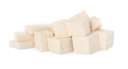 Different raw tofu pieces on white background