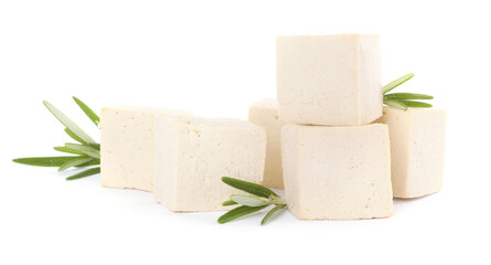 Delicious tofu and rosemary on white background