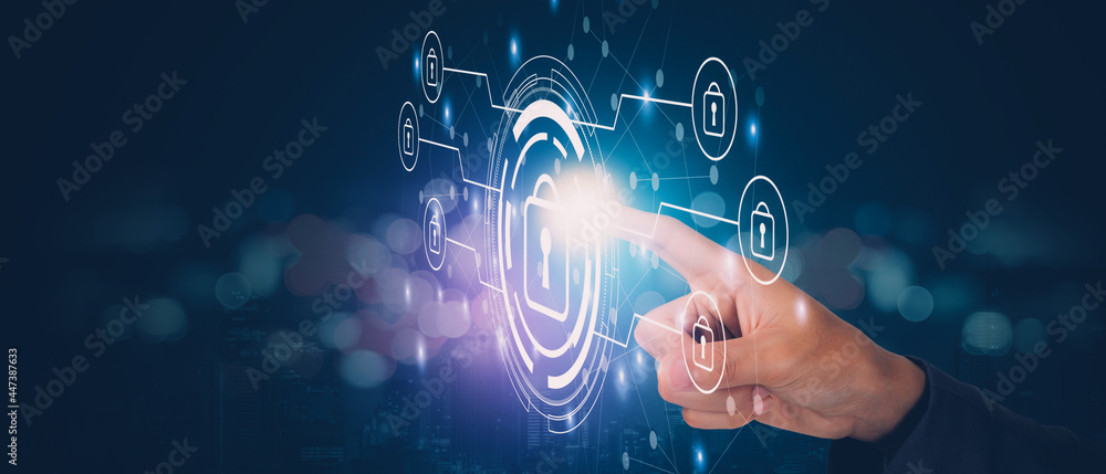 Aufkleber finger of businessman pushing virtual lock icon while cyber security, access data and privacy with p