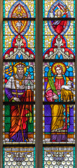 VIENNA, AUSTIRA - JUNI 24, 2021: The St. Leopold and St. Agnes on the stained glass of church St. Severin.