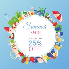 Summer sale banner template. Hot discount, tropical elements collection. Holiday vacation, tourism concept. Stock vector illustration in cartoon style.