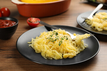 Tasty spaghetti squash with thyme and cheese served on wooden table, closeup