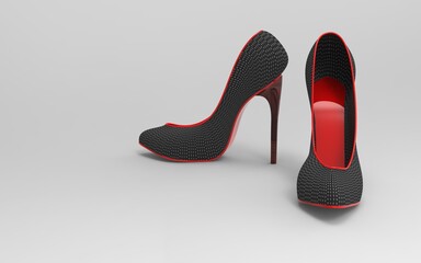 High Quality 3D rendering of patterned black high heels and red color combination